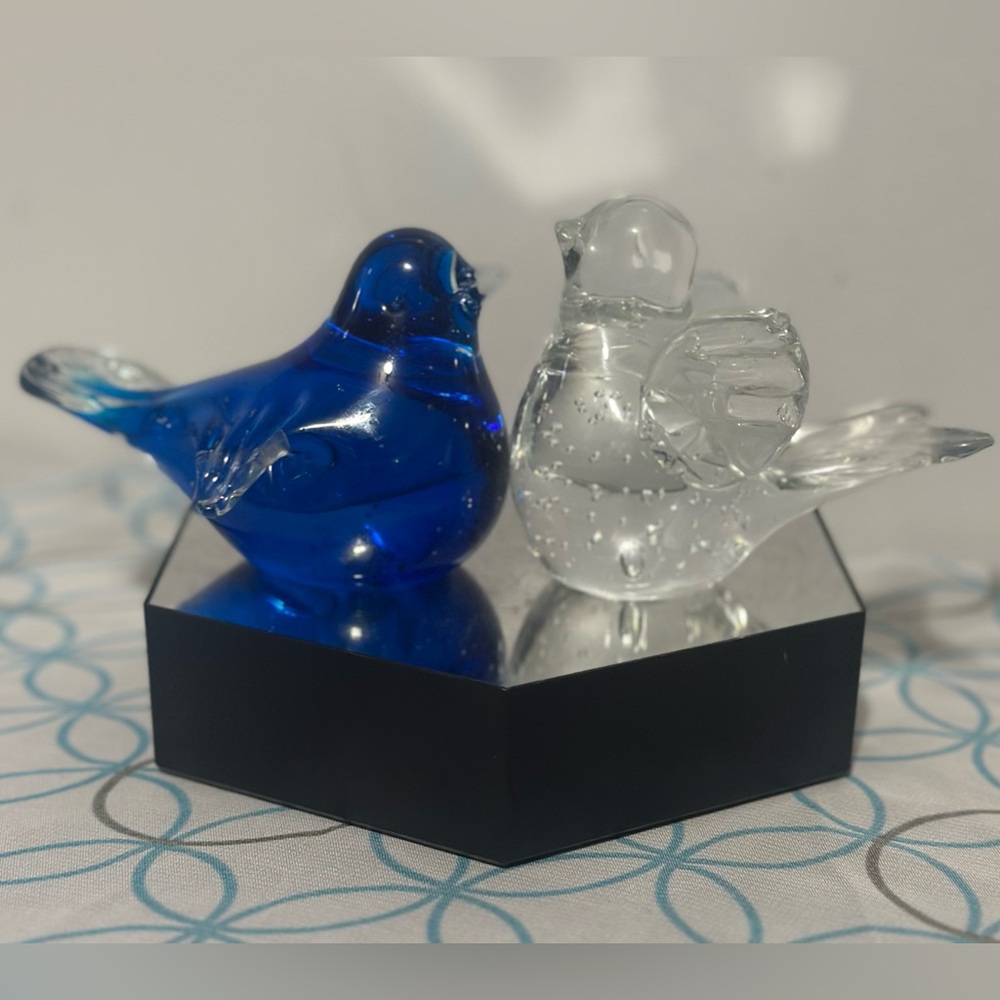 Blue and Clear Glass Bird Figurines set of 2